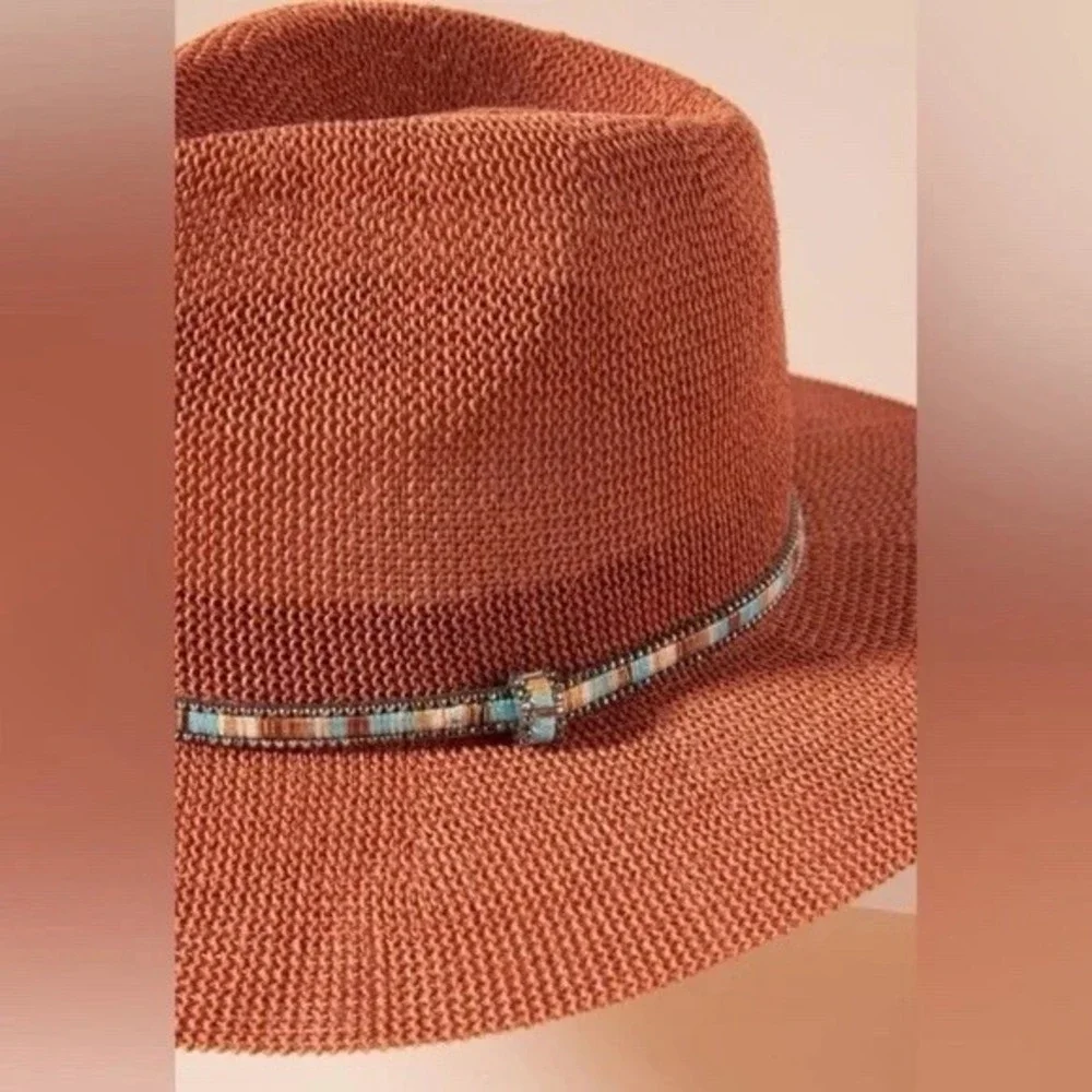 Anthropologie Cali Dream Rust Boho Wide Brim‎ Fedora Hat Beaded Band One Size